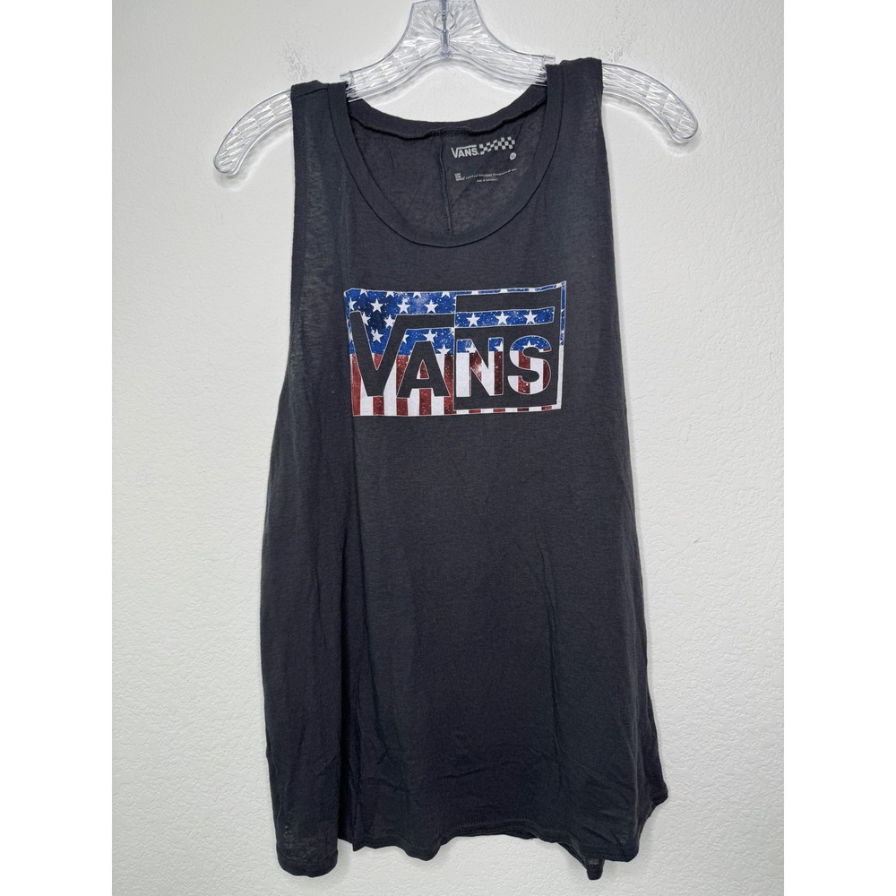 Vans Womens XL Gray American Flag Logo Muscle Tank Top Sleeveless Graphic Tee